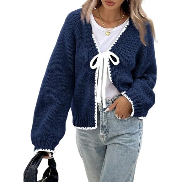 Sweaters - Women's Long Sleeve Knit Cardigan V Neck Tie Front Puff Fall Winter Casual